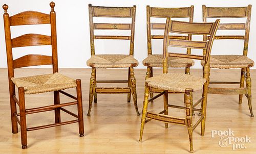 FOUR PAINTED RUSH SEAT CHAIRS, 19TH