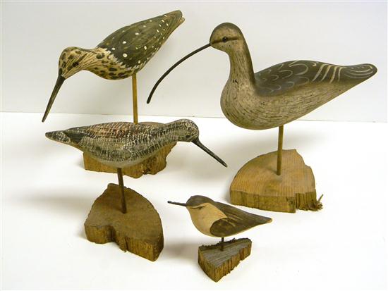 Four painted wooden shore bird