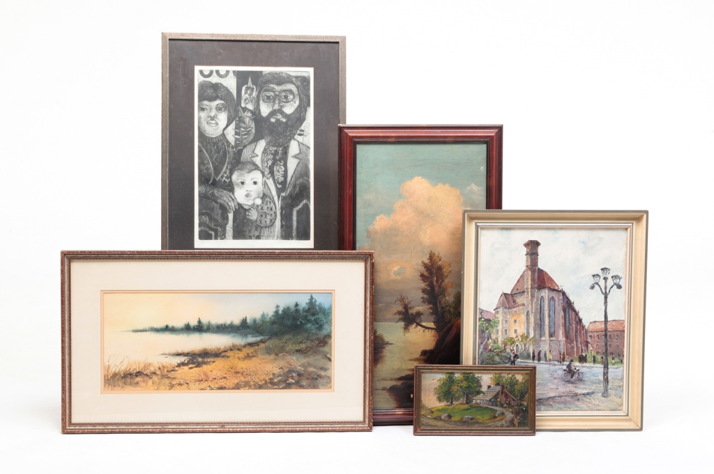 FOUR PAINTINGS AND A PRINT.