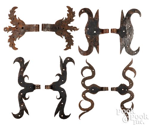 FOUR PAIRS OF WROUGHT IRON