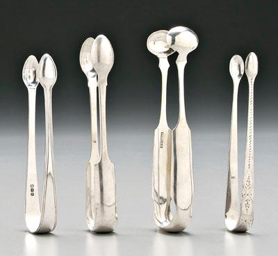 Four pairs silver tongs: one