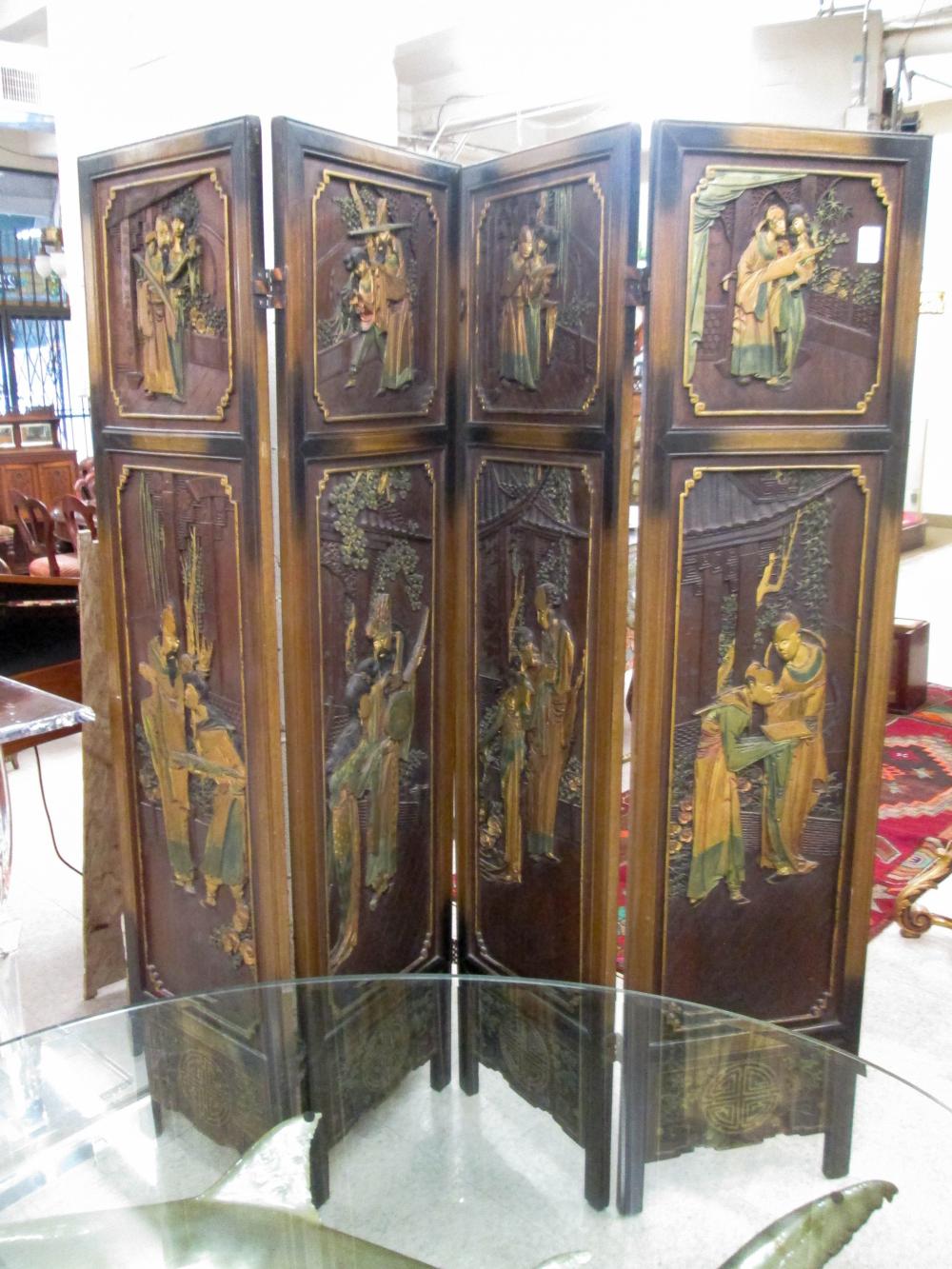 FOUR-PANEL CARVED TEAKWOOD FLOOR