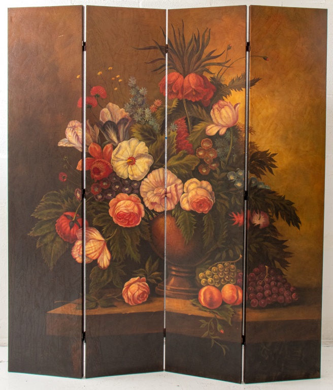 FOUR PANEL FLORAL SCREEN, OIL ON