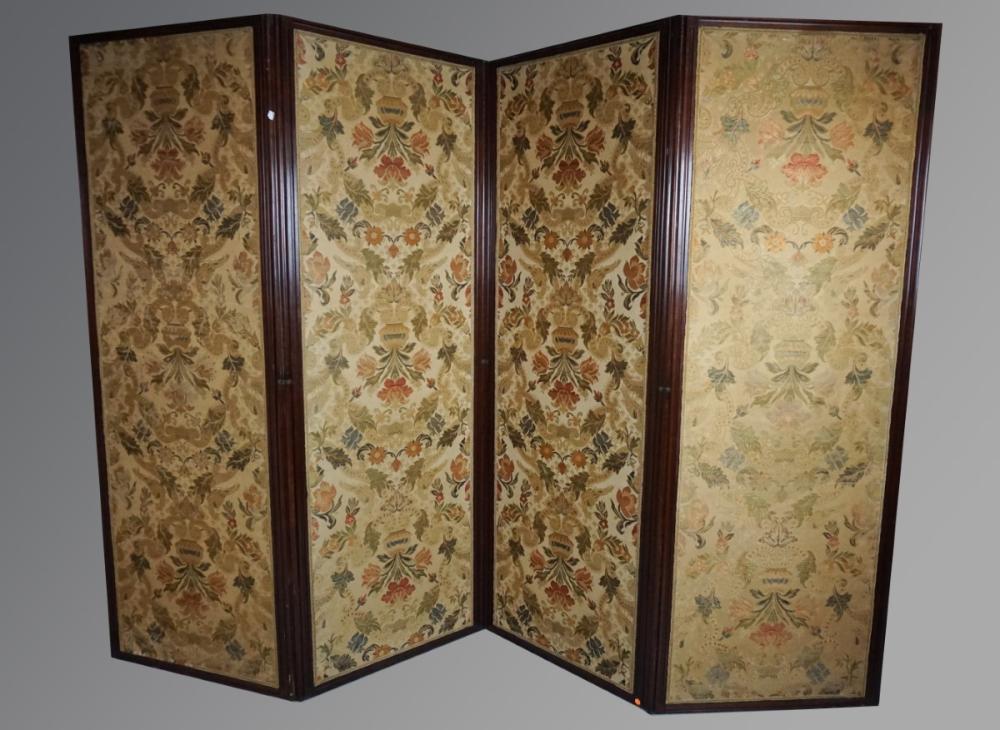 FOUR PANEL MAHOGANY SCREEN WITH