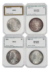 FOUR PCI GRADED MORGAN DOLLARS
