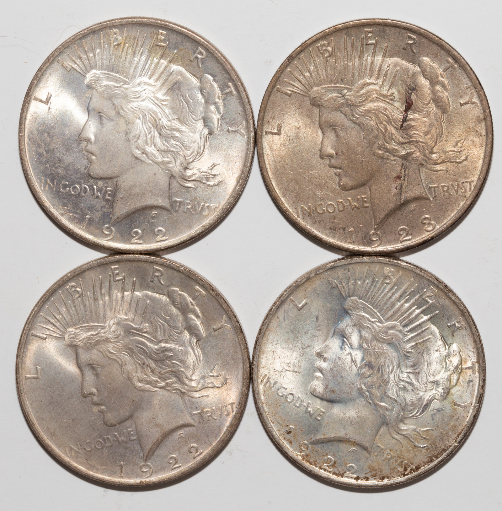 FOUR PEACE DOLLARS 3-1922 AU, and