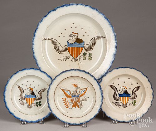 FOUR PEARLWARE BLUE FEATHER EDGE