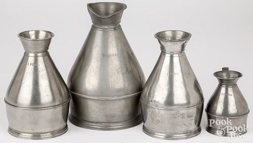 FOUR PEWTER HAYSTACK MEASURES, 19TH