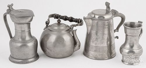 FOUR PEWTER ITEMS, 19TH C.Four