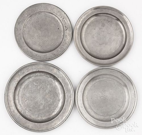 FOUR PEWTER PLATES, 18TH AND 19TH