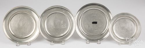 FOUR PEWTER PLATES, THOMAD
