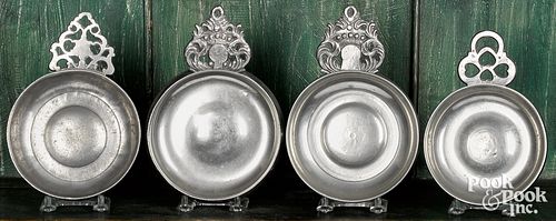 FOUR PEWTER PORRINGERS, 19TH C.Four