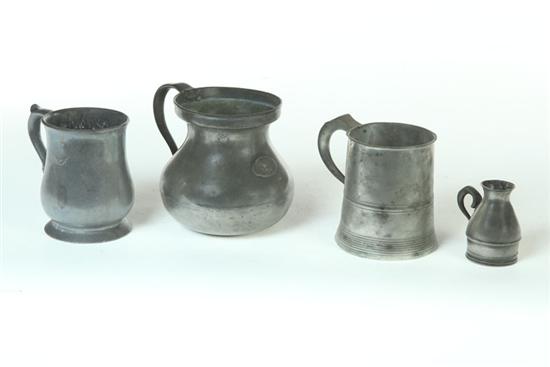 FOUR PEWTER TANKARDS.  European 