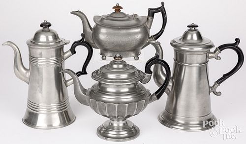 FOUR PEWTER TEAPOTS AND