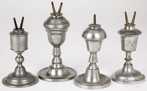 FOUR PEWTER WHALE OIL LAMPS,