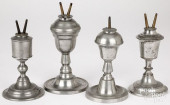 FOUR PEWTER WHALE OIL LAMPS, J