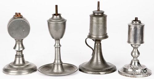 FOUR PEWTER WHALE OIL LAMPS, 19TH