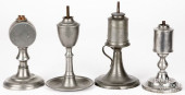 FOUR PEWTER WHALE OIL LAMPS, 1