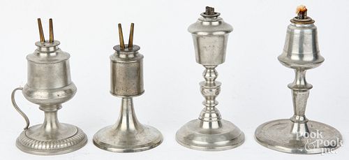 FOUR PEWTER WHALE OIL LAMPS, 19TH