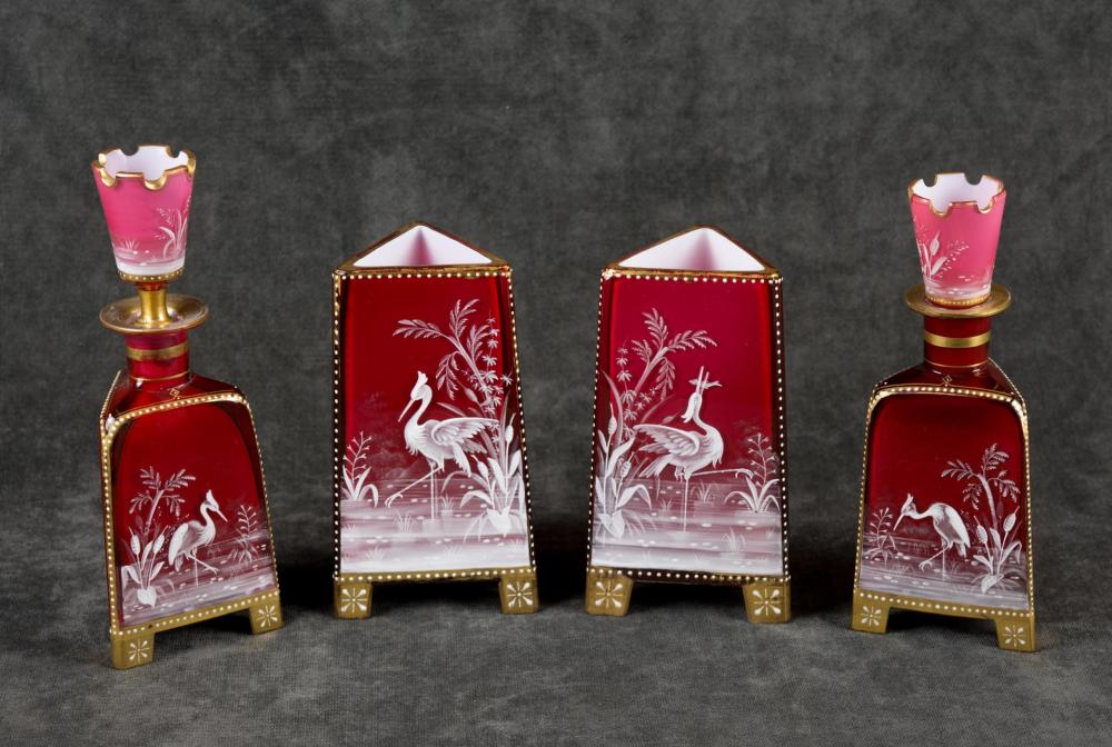 FOUR-PIECE ENAMELED ROSE GLASS