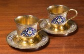 FOUR-PIECE ENAMELED SILVER TEA