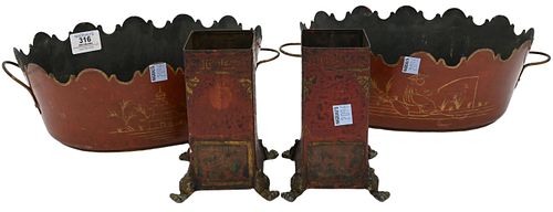 FOUR PIECE RED PAINTED TOLE