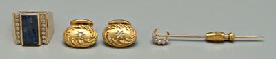 Four pieces diamond jewelry: 14 kt.