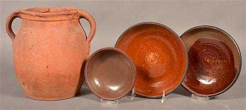 FOUR PIECES OF ANTIQUE REDWARE
