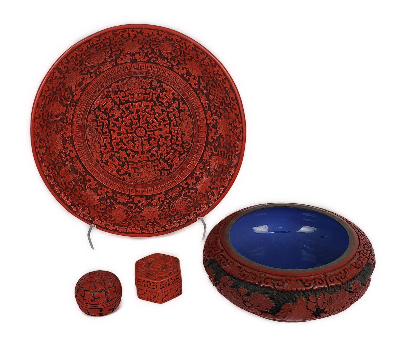 FOUR PIECES OF CHINESE CINNABAR
