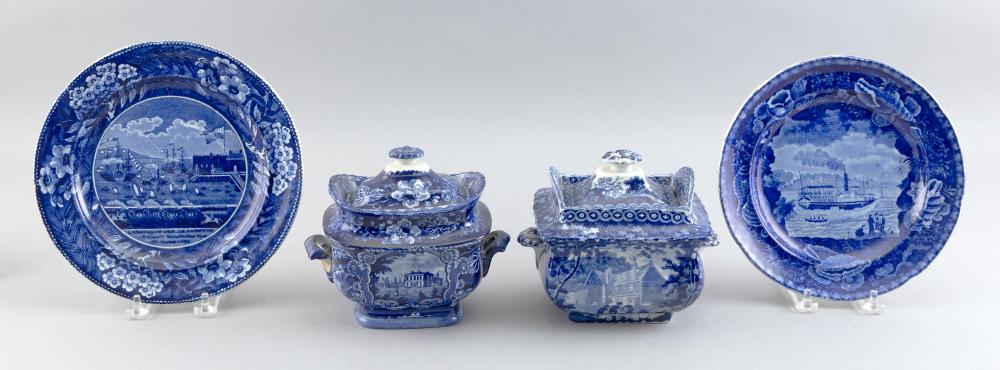 FOUR PIECES OF FLOW BLUE