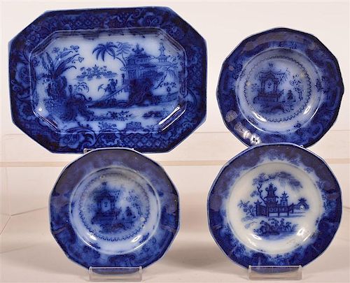 FOUR PIECES OF FLOW BLUE