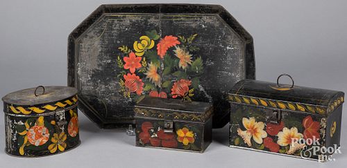 FOUR PIECES OF PAINTED TOLEWARE,