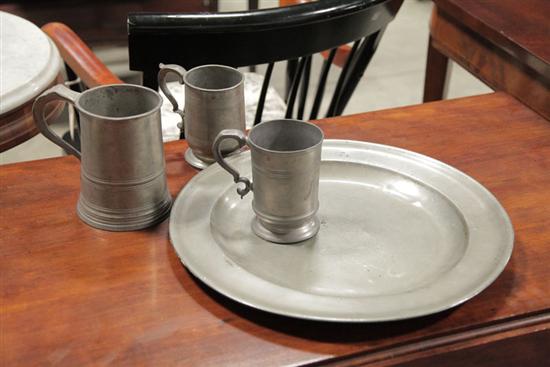 FOUR PIECES OF PEWTER. Engraved