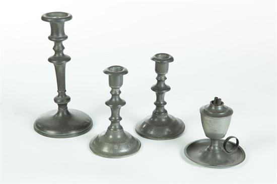 FOUR PIECES OF PEWTER LIGHTING. 