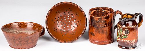 FOUR PIECES OF REDWARE, 19TH C.Four