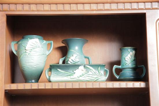 FOUR PIECES OF ROSEVILLE POTTERY.