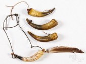 FOUR POWDER HORNS, 19TH/20TH C