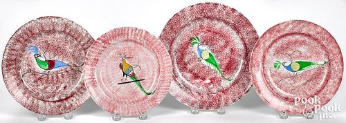 FOUR RED SPATTER PEAFOWL PLATESFour