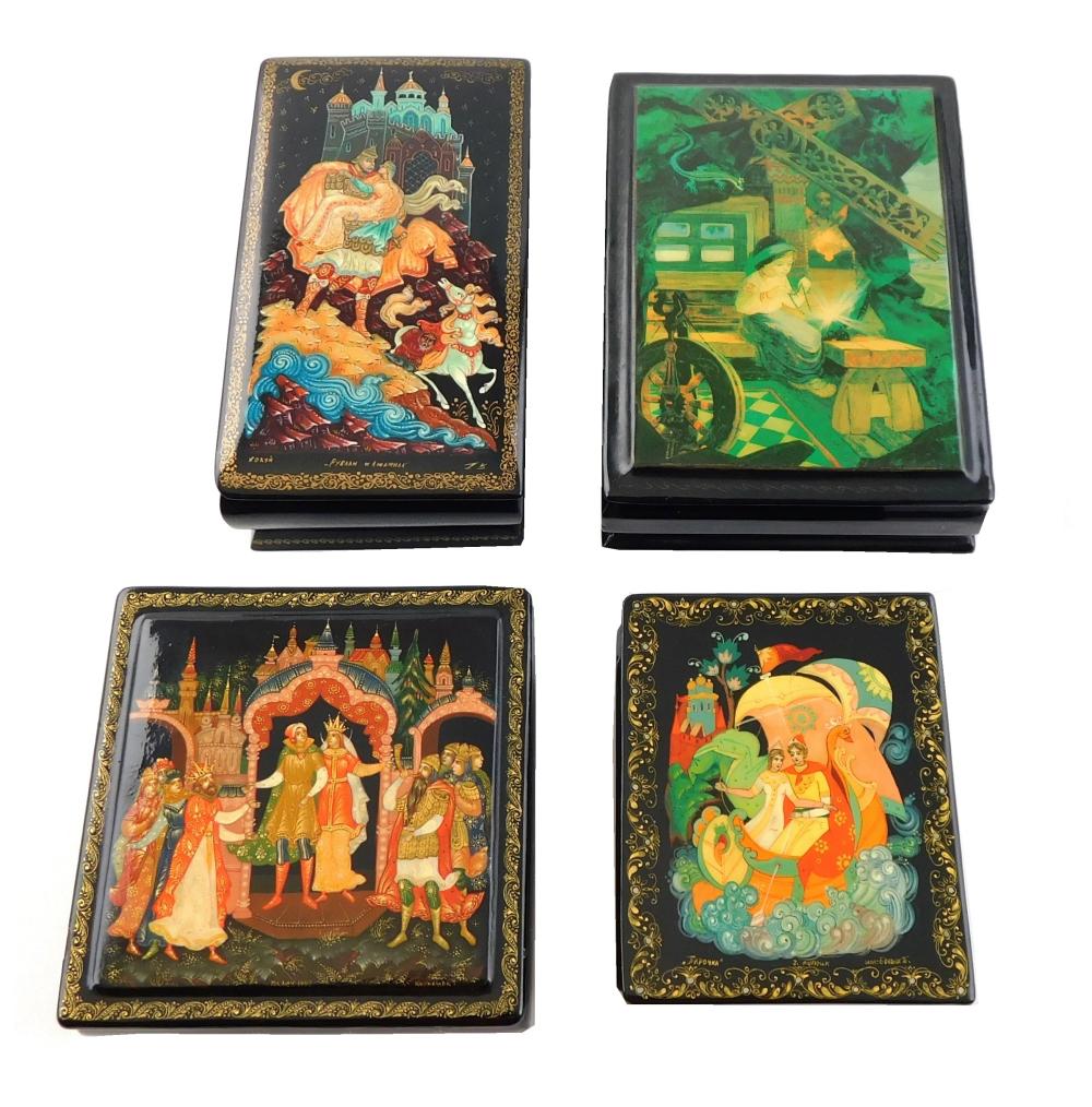 FOUR RUSSIAN HAND-PAINTED LACQUER