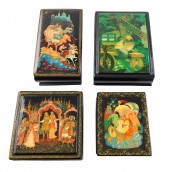 FOUR RUSSIAN HAND-PAINTED LACQ