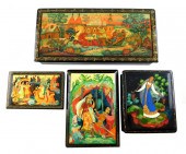 FOUR RUSSIAN HAND-PAINTED LACQ