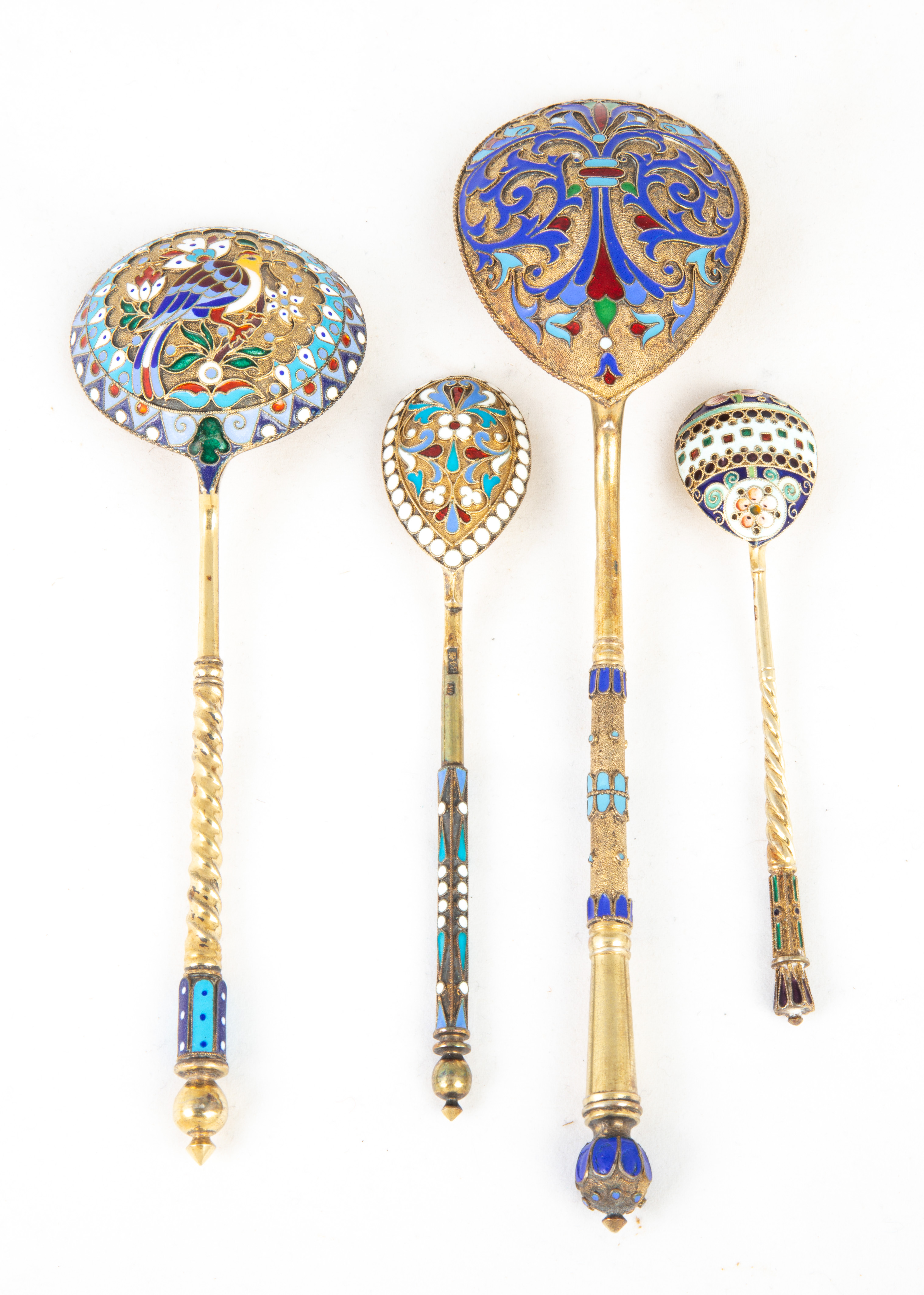 FOUR RUSSIAN SILVER AND ENAMELED