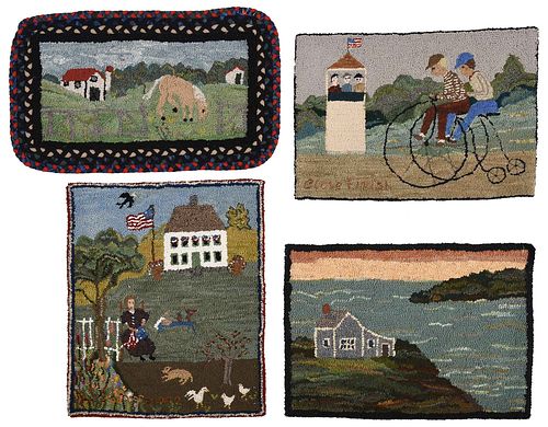 FOUR SCENIC HOOKED RUGS20th