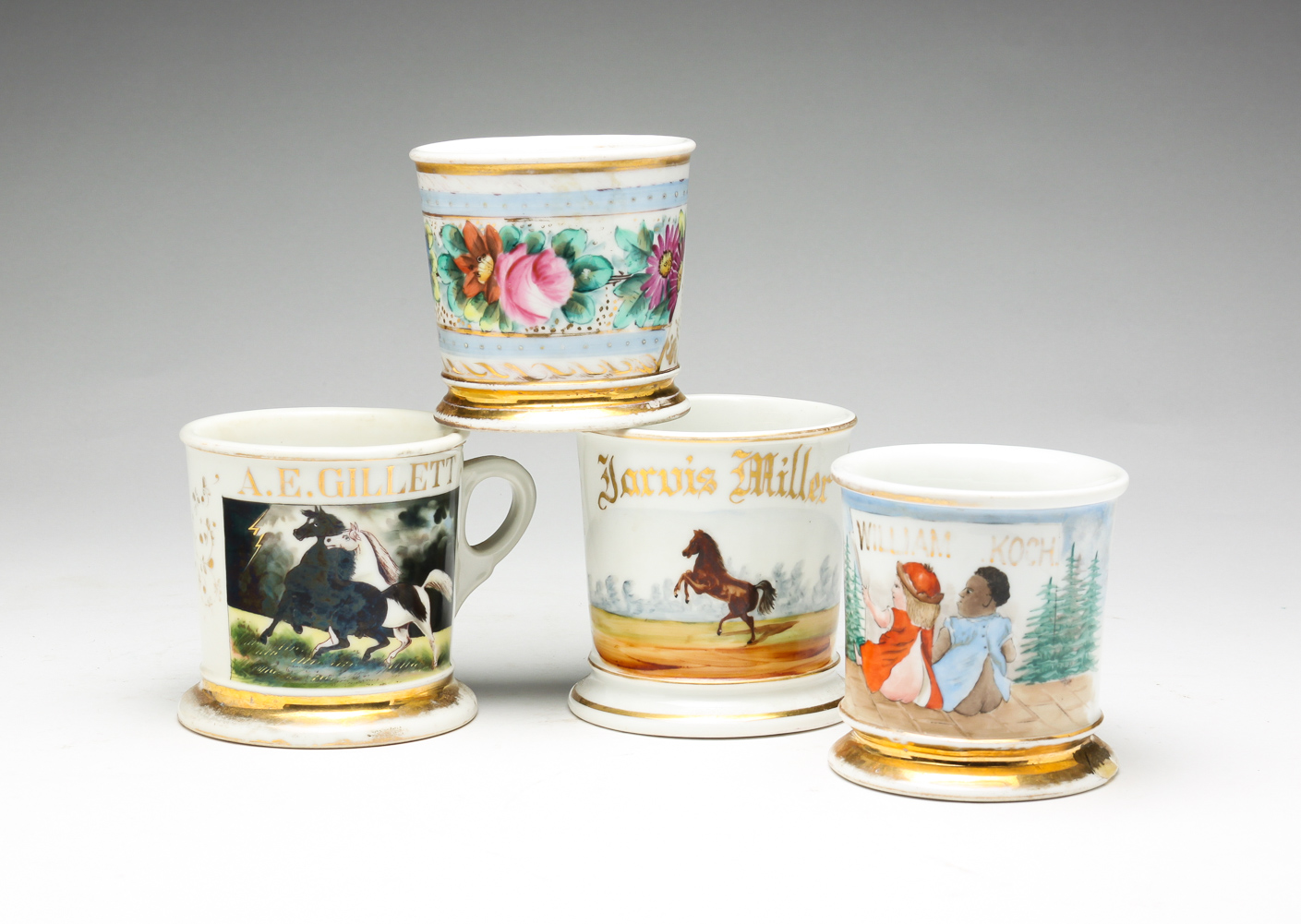 FOUR SHAVING MUGS. Late