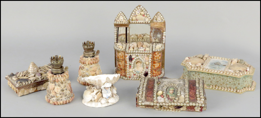 FOUR SHELL ART DECORATED BOXES.