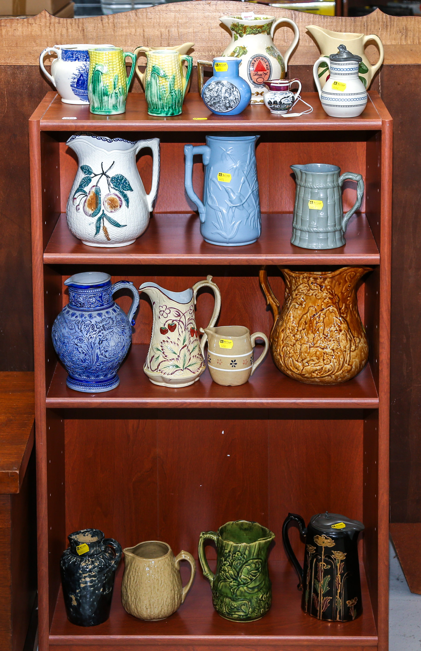FOUR SHELVES OF ASSORTED PITCHERS &