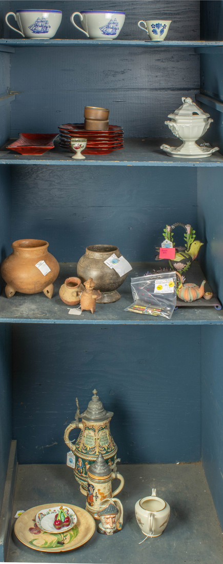 FOUR SHELVES OF DECORATIVE ART