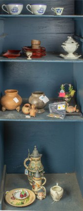 FOUR SHELVES OF DECORATIVE ART
