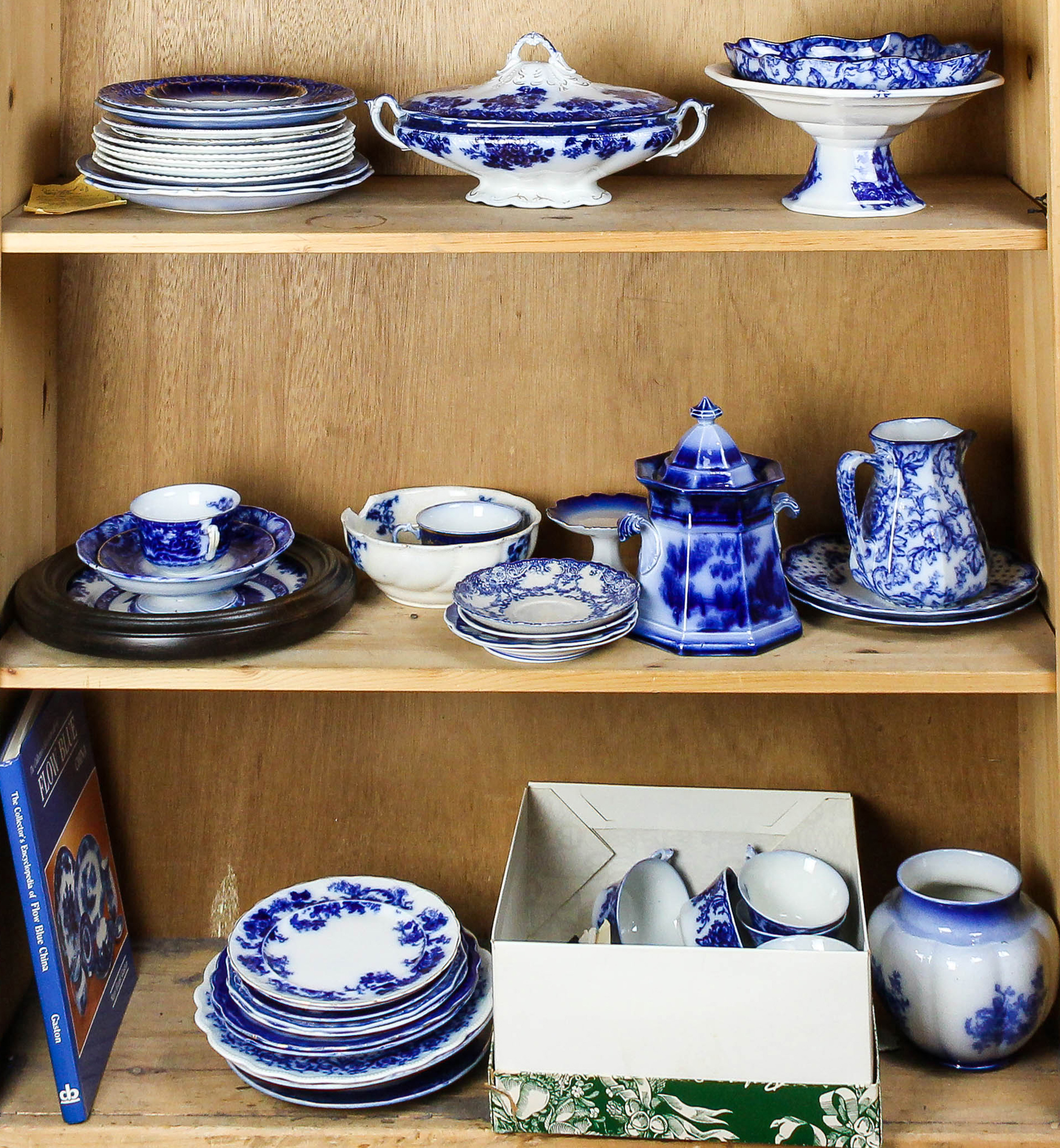 FOUR SHELVES OF FLOW BLUE TABLEWARE