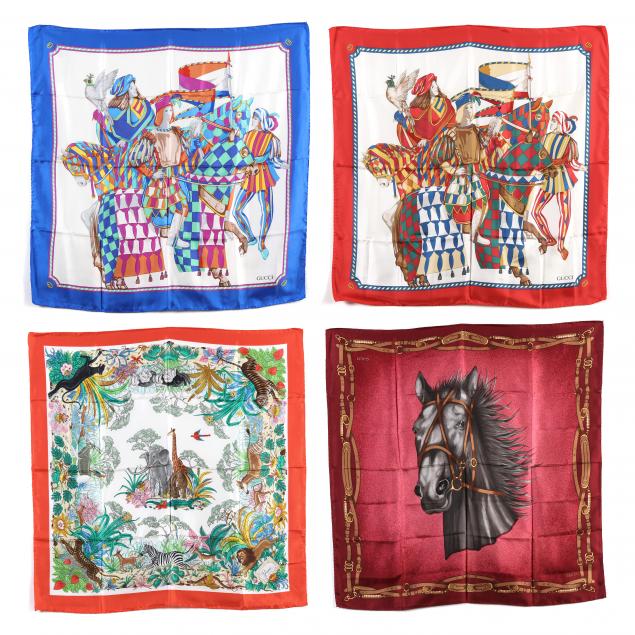 FOUR SILK SCARVES, GUCCI Made in